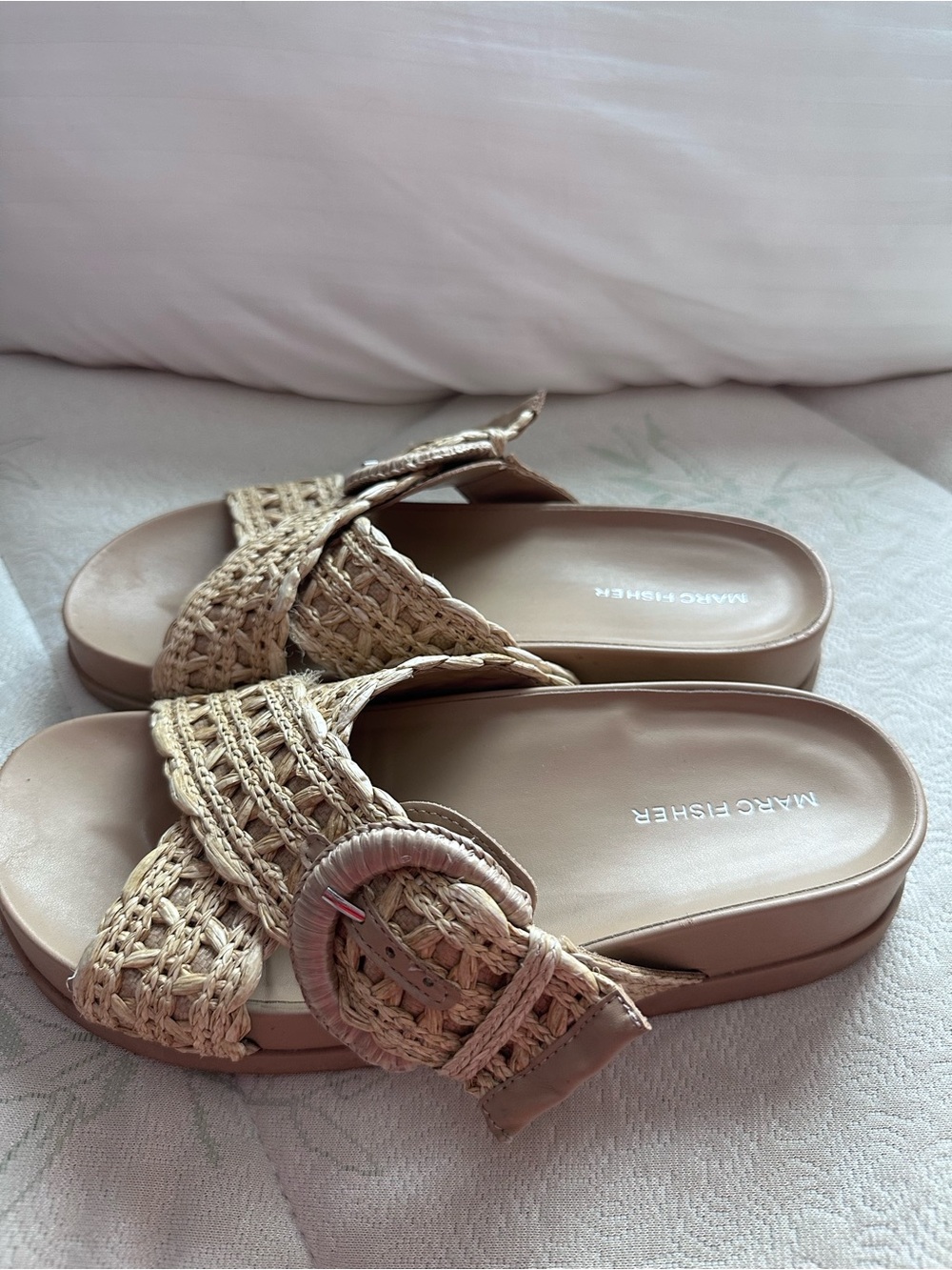 Marc Fisher Beige Woven Slide Sandals with Buckle